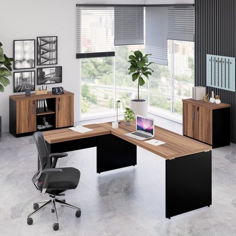 Conjunto 3 Peças com Mesa para Escritório em L 170x160cm, com Armário Baixo e com Chave Espresso Móveis Marrom Preto