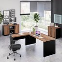 Ver imagem 1 de Conjunto 3 Peças com Mesa para Escritório em L 170x160cm, com Armário Baixo e com Chave Espresso Móveis Marrom Preto