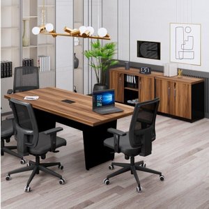 Kit 3 Peças com Mesa de Reunião Retangular com 01 Caixa de Tomada e Dois Armários Baixos Espresso Móveis