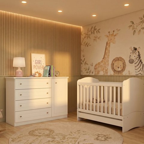 Conjunto Quarto de Bebê com Berço 3 em 1 e Cômoda MDF Branco Yescasa