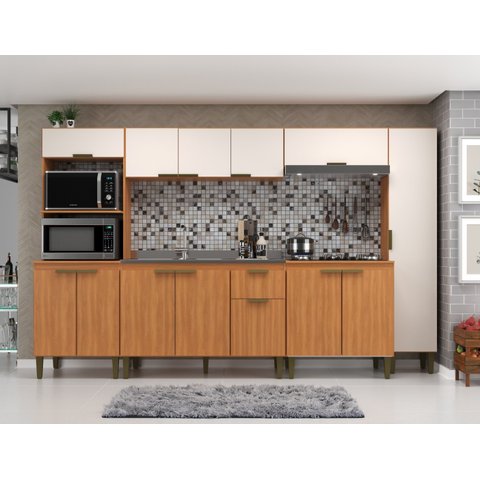 Cozinha Modulada 6 Peças Iara 300cm x 193cm x 53cm Marrom/Freijó/Off White