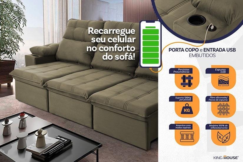 Sofá Retrátil Reclinável Verona Usb + Porta Copo 2,30m Suede Velut Tabaco C/ Molas no Assento - - 3