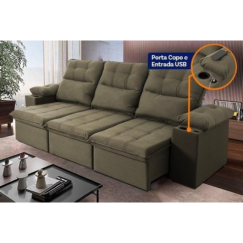 Sofá Retrátil Reclinável Verona Usb + Porta Copo 2,30m Suede Velut Tabaco C/ Molas no Assento -