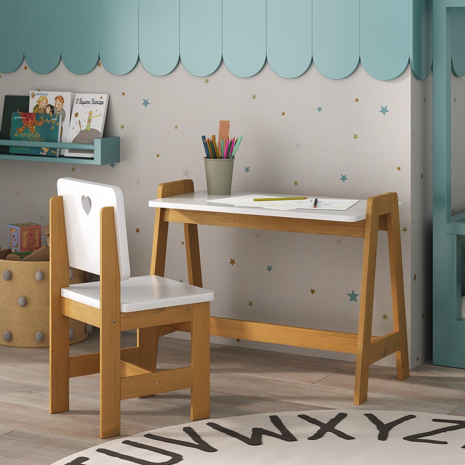 Conjunto Mesa Escrivaninha + 1 Cadeira Infantil Sofia Madeira de Pinus / Mdf