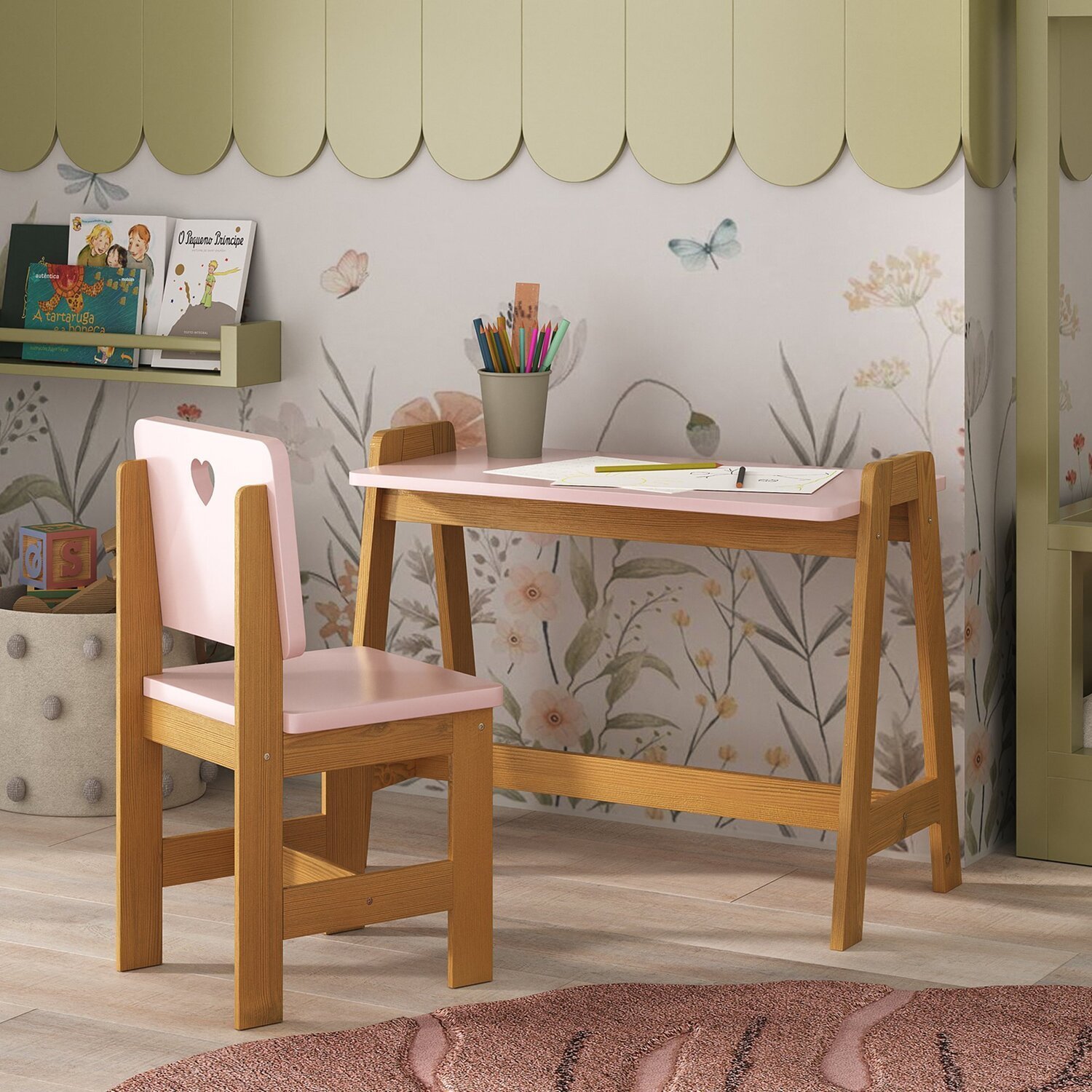 Conjunto Mesa Escrivaninha + 1 Cadeira Infantil Sofia Madeira de Pinus / Mdf - 1