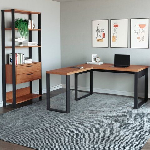 Conjunto 2 Peças 100% MDF com Escrivaninha em L e Estante para Livros Freijó Preto Fosco Marrom