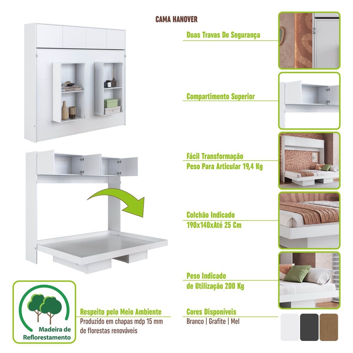 Cama Casal Articulável Horizontal com Portas 140 Hanover - 9