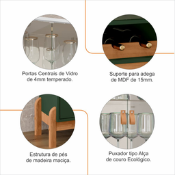 Cristaleira Cristal Espelho Adega 2 Portas Vidro Temperado Sala de Estar e Jantar com Pés Madeira Ma - 6