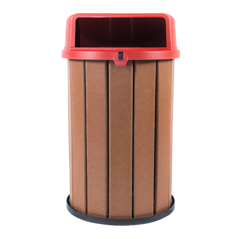Lixeira Mbs Ecológica Madeira Plástica 100L Coleta Seletiva:Marrom Ipê/Tampa Vermelho