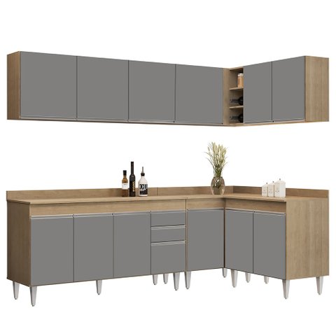Armário de Cozinha Modulado de Canto 6 Peças Cp32 Balcão com Tampo Castanho/cinza - Lumil Lumil Móve