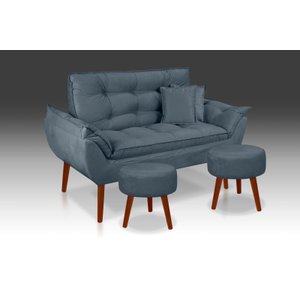 Kit Namoradeira+ 2 Puff Redondo+ 2 Almofadas Suede  Azul Turquesa -Rv Decora