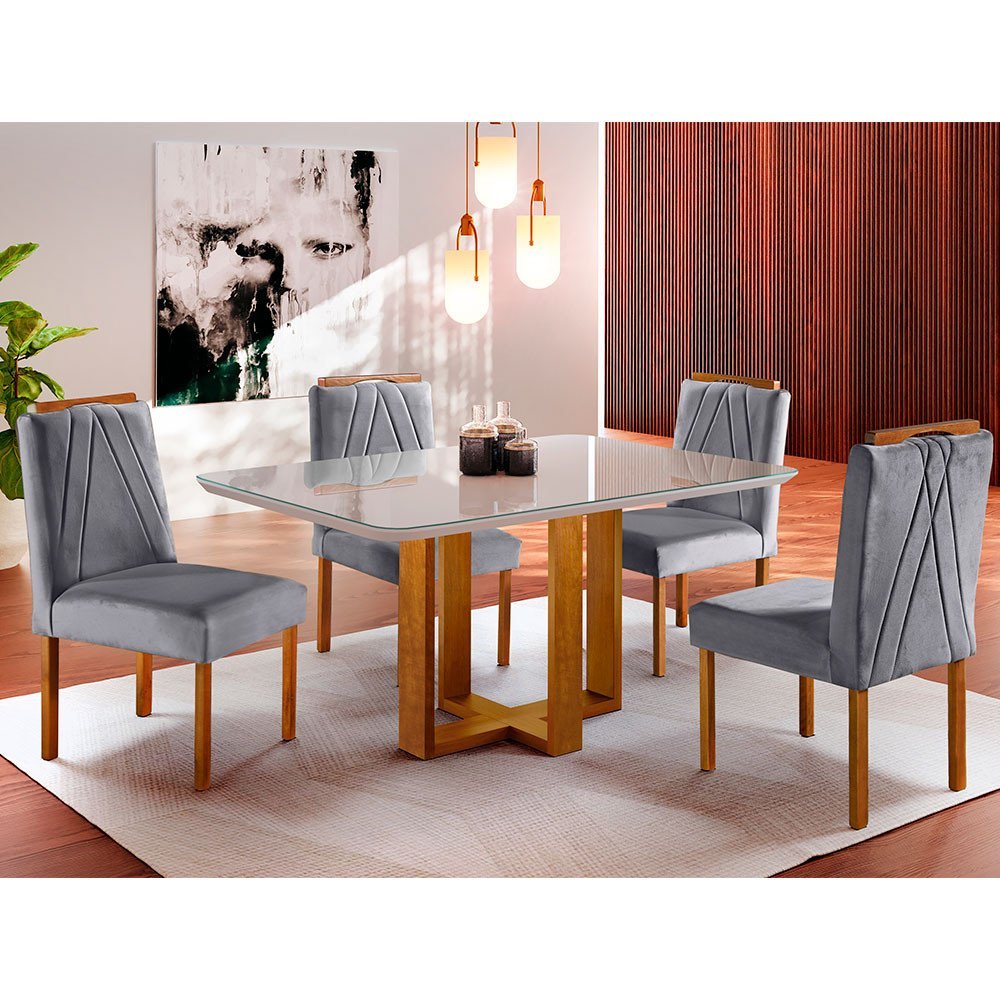 Conjunto Sala de Jantar Mesa Tampo de Vidro 4 Cadeiras Lisboa Mundial Móveis Mel/Cinza - 1