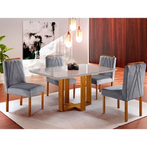 Conjunto Sala de Jantar Mesa Tampo de Vidro 4 Cadeiras Lisboa