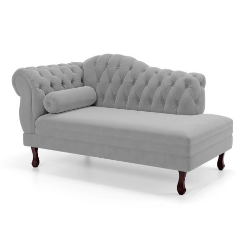 Divã Recamier Chaise Longue Lavínia 150cm Capitonê Pés de Madeira Veludo Cinza Claro - Desk Design