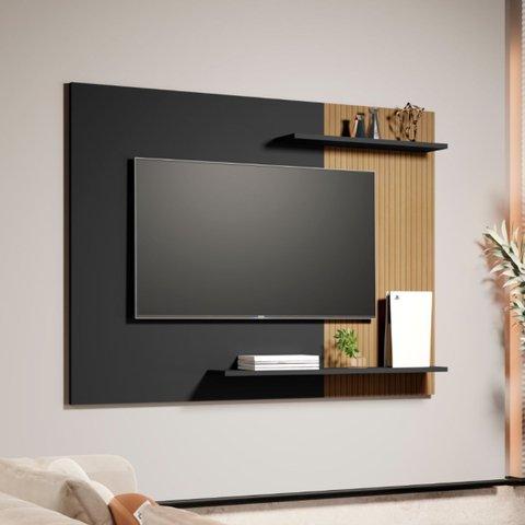 Painel Mênfis para Tvs de até 50" C/ Duas Prateleiras em Mdf:preto