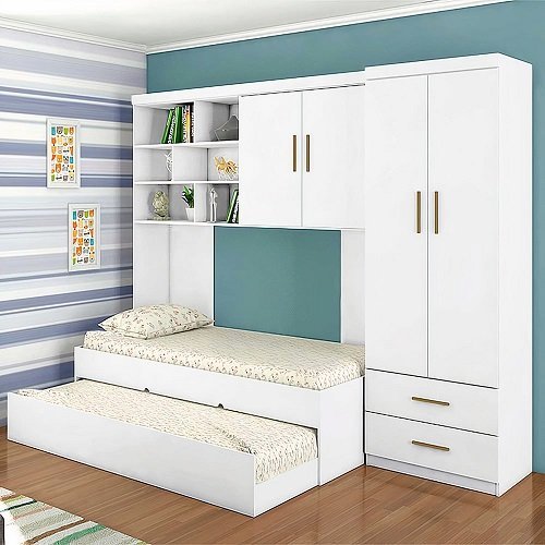 Kit Quarto Modulado Infantil 4 Peças Cama Solteiro e Auxiliar Guarda Roupa 2 Portas Armario Aéreo Co - 3