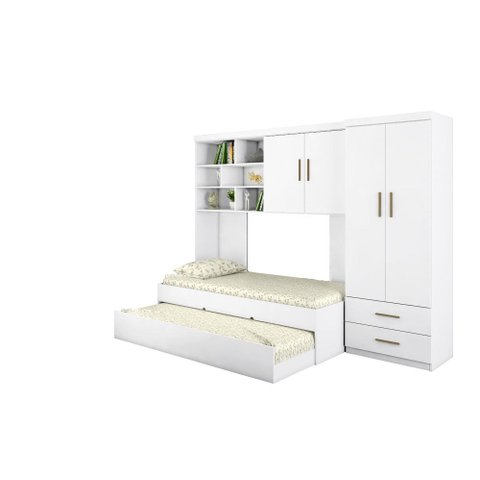 Kit Quarto Modulado Infantil 4 Peças Cama Solteiro e Auxiliar Guarda Roupa 2 Portas Armario Aéreo Co