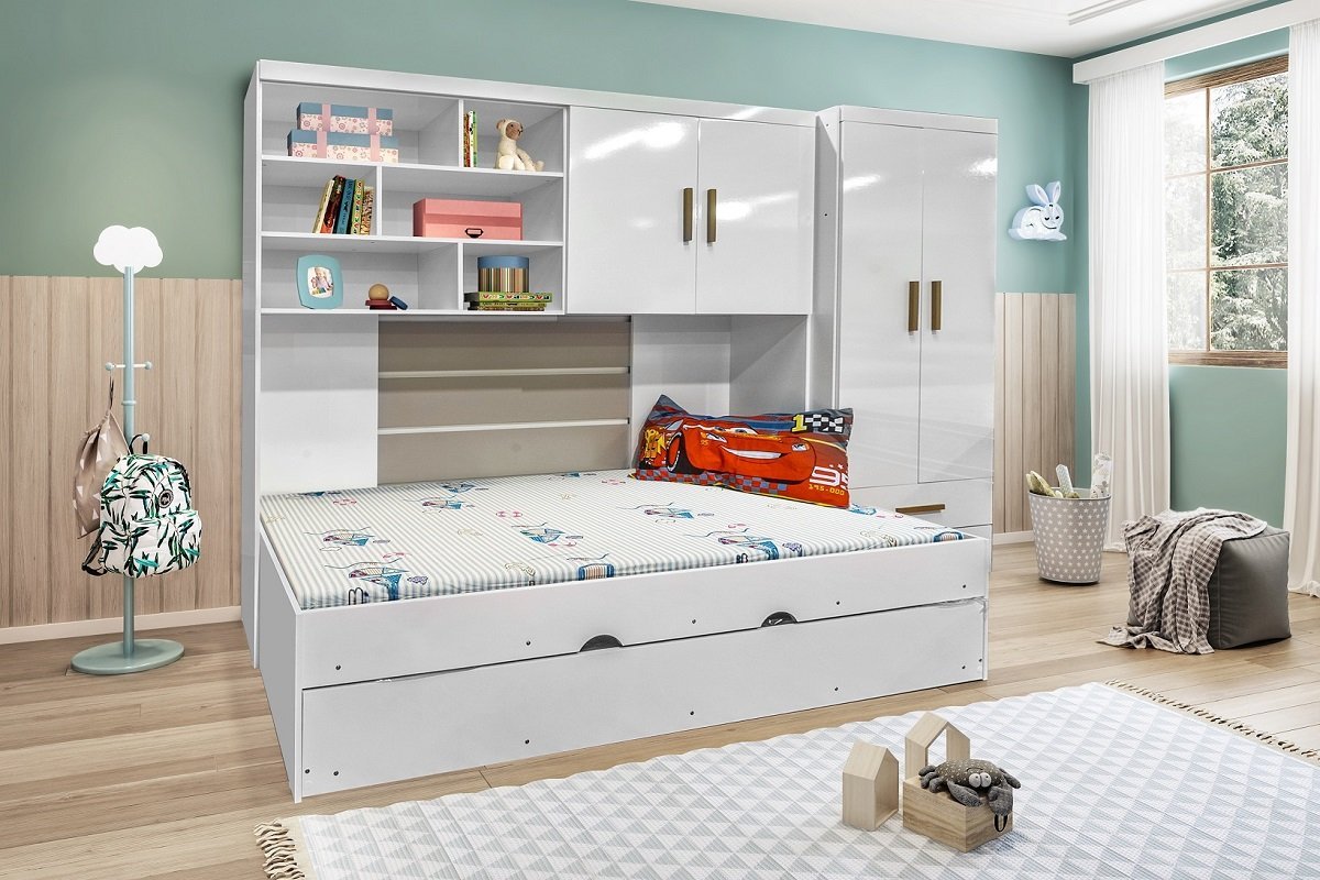 Kit Quarto Modulado Infantil 4 Peças Cama Solteiro e Auxiliar Guarda Roupa 2 Portas Armario Aéreo Co - 5