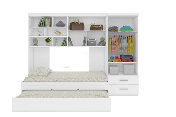 Kit Quarto Modulado Infantil 4 Peças Cama Solteiro e Auxiliar Guarda Roupa 2 Portas Armario Aéreo Co - 2