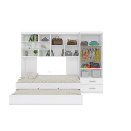 Kit Quarto Modulado Infantil 4 Peças Cama Solteiro e Auxiliar Guarda Roupa 2 Portas Armario Aéreo Co - 2
