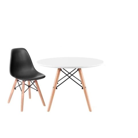 CONJUNTO INFANTIL MESA EAMES BRANCA 60CM COM 1 CADEIRA PRETA