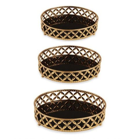 Conjunto com 03 Bandejas Douradas de Metal com Vidro Preto 11402 Mart
