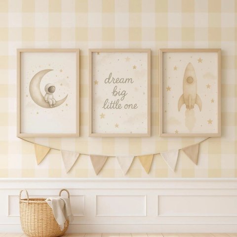 Kit 3 Quadros Decorativos Infantil - Astronauta Sonhador NO2 - 30x40 - Moldura Madeira