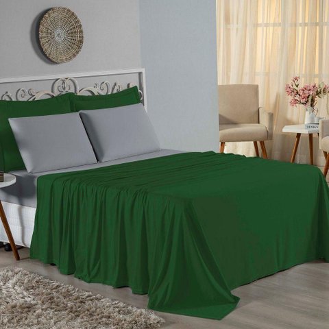 Jogo de Cama Casal Viúva Nobre 4 Peças Malha 100% Algodão - Verde-bandeira / Cinza