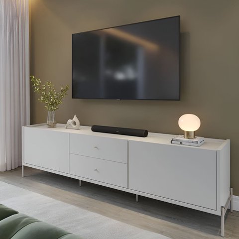 Rack Jasper 2 Gavetas 2 Portas Sala Estar Cômoda 220cm Off White Fosco com Champanhe