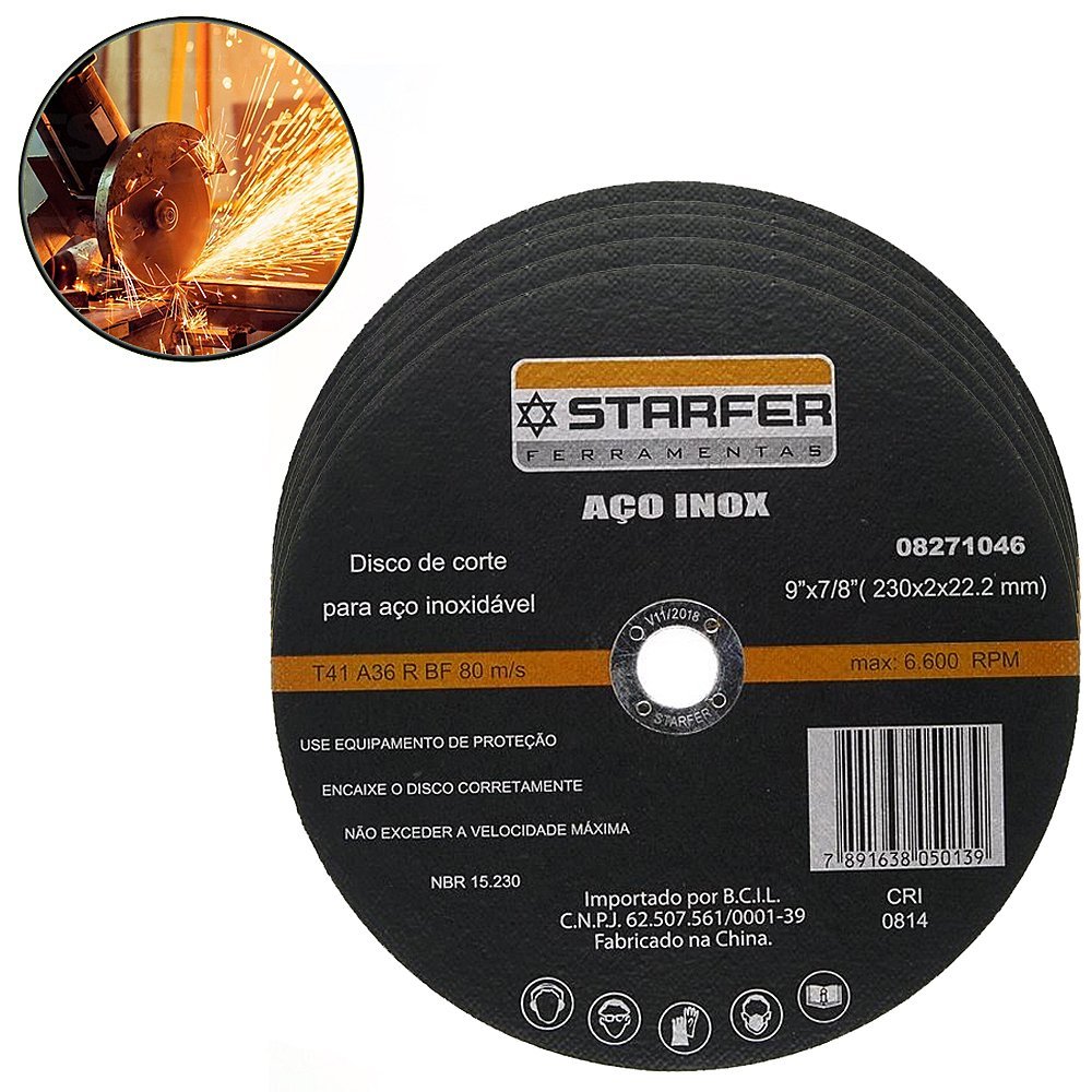 Kit 5 Disco de Corte Aço Inoxidavel Corte Preciso 9x7/8 Polegadas - Starfer - 1