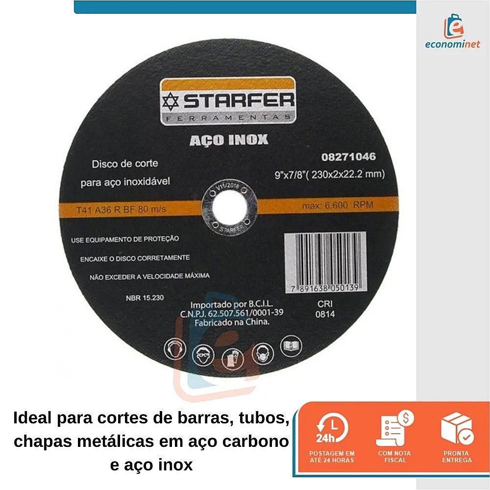 Kit 5 Disco de Corte Aço Inoxidavel Corte Preciso 9x7/8 Polegadas - Starfer - 3