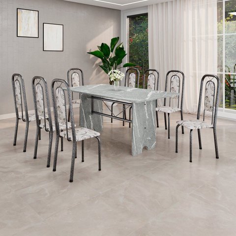 Conjunto Sala de Jantar com 8 Cadeiras Lara Prata/Arabesco