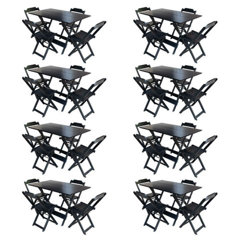Kit 8 Conjuntos De Mesa Com 4 Cadeiras De Madeira Dobravel 120X70 Preto - Preto