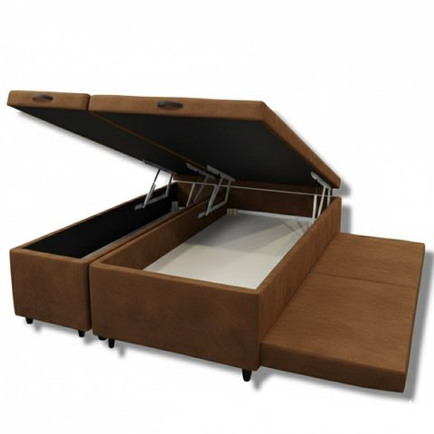 Cama Box Bau Queen Bipartido C/ Cama Auxiliar Suede 47x158x198 - Santo Box:marrom