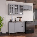 Ver imagem 1 de Cozinha Modulada 3 Peças Balcão sem Tampo Armário Aéreo com Vidro 100% MDF Bari Cinza/Titanio Fosco
