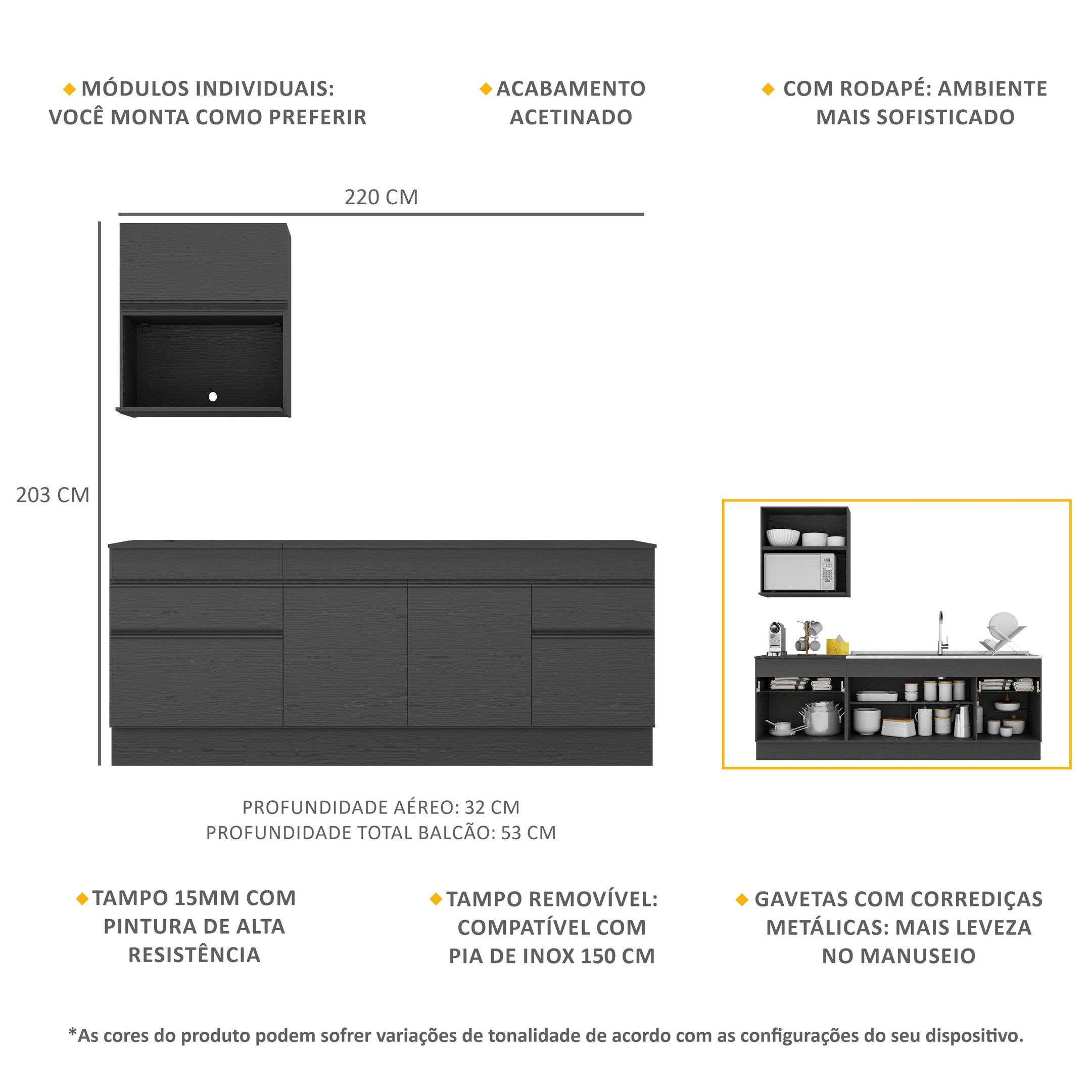 Armário de Cozinha Compacta com Rodapé Veneza Multimóveis Mp2110.895 Preto - 4