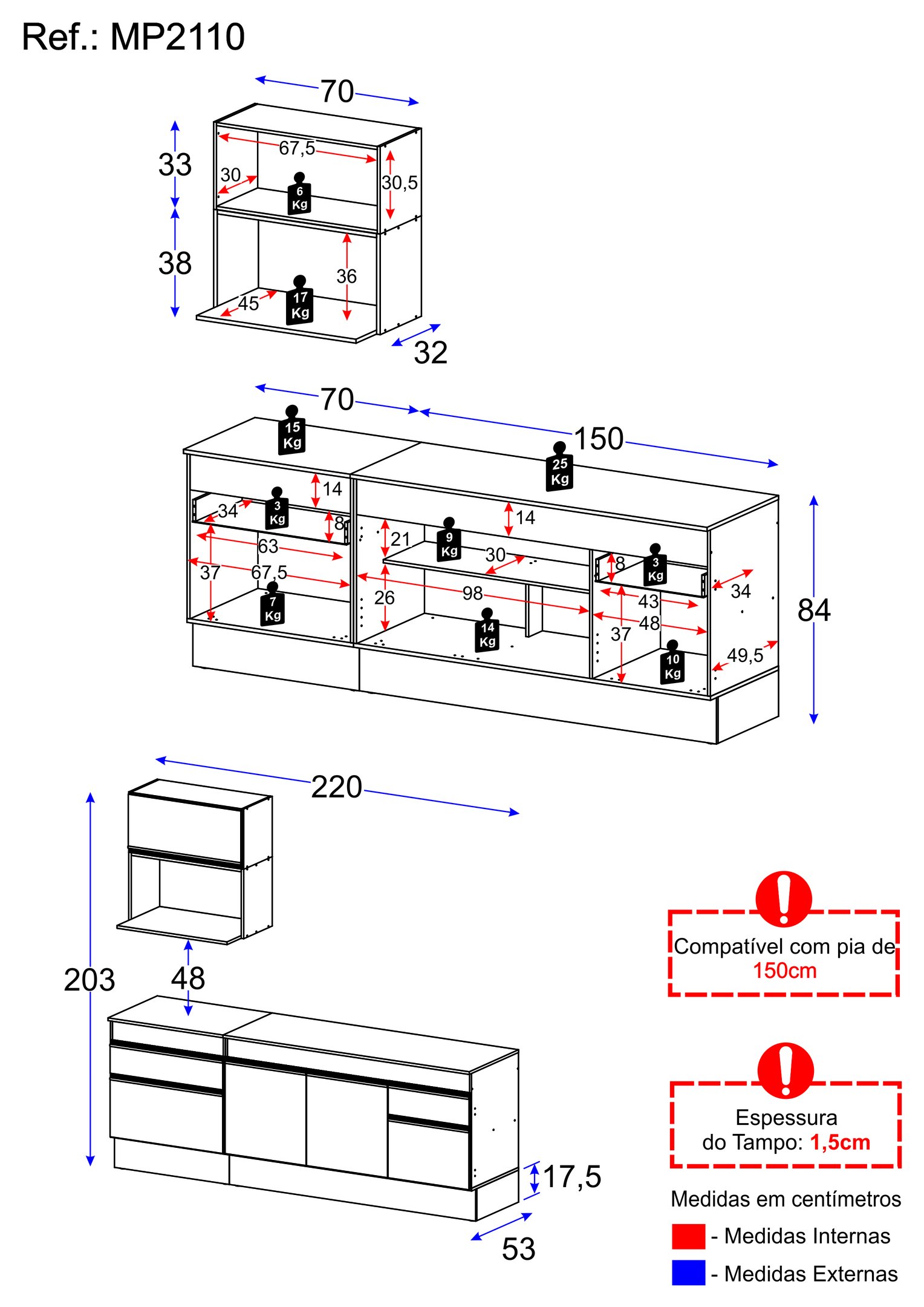 Armário de Cozinha Compacta com Rodapé Veneza Multimóveis Mp2110.895 Preto - 5