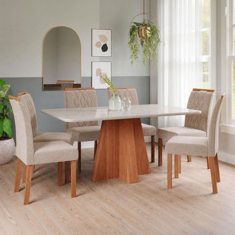 Sala de Jantar 6 Lugares Tampo de Vidro 160 cm Artemísia Cadeiras Madeira Maciça Cinamomo/Linho Bege