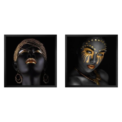 Kit 3 Quadros 50cm X 50cm Mulher e Folha Douradas Tropical Artes 