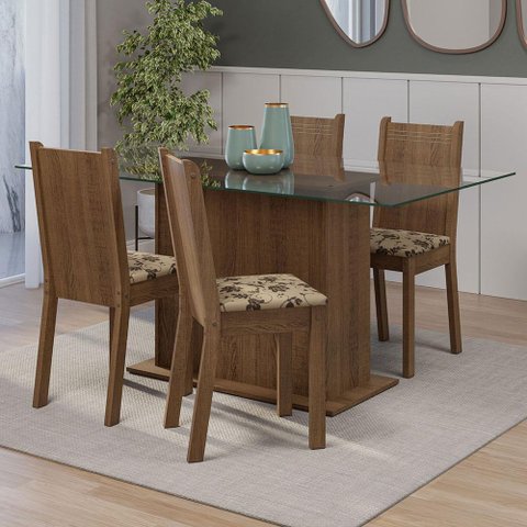 Conjunto Sala de Jantar Mesa Tampo de Vidro 4 Cadeiras Rustic/bege Marrom Espanha Madesa
