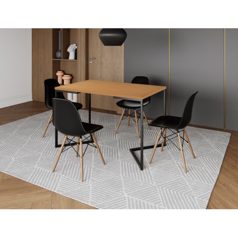 Mesa Industrial Base Ferro Preto em V Tampo 137x90 Canela 4 Cadeiras Eames Madeira Assento Preto