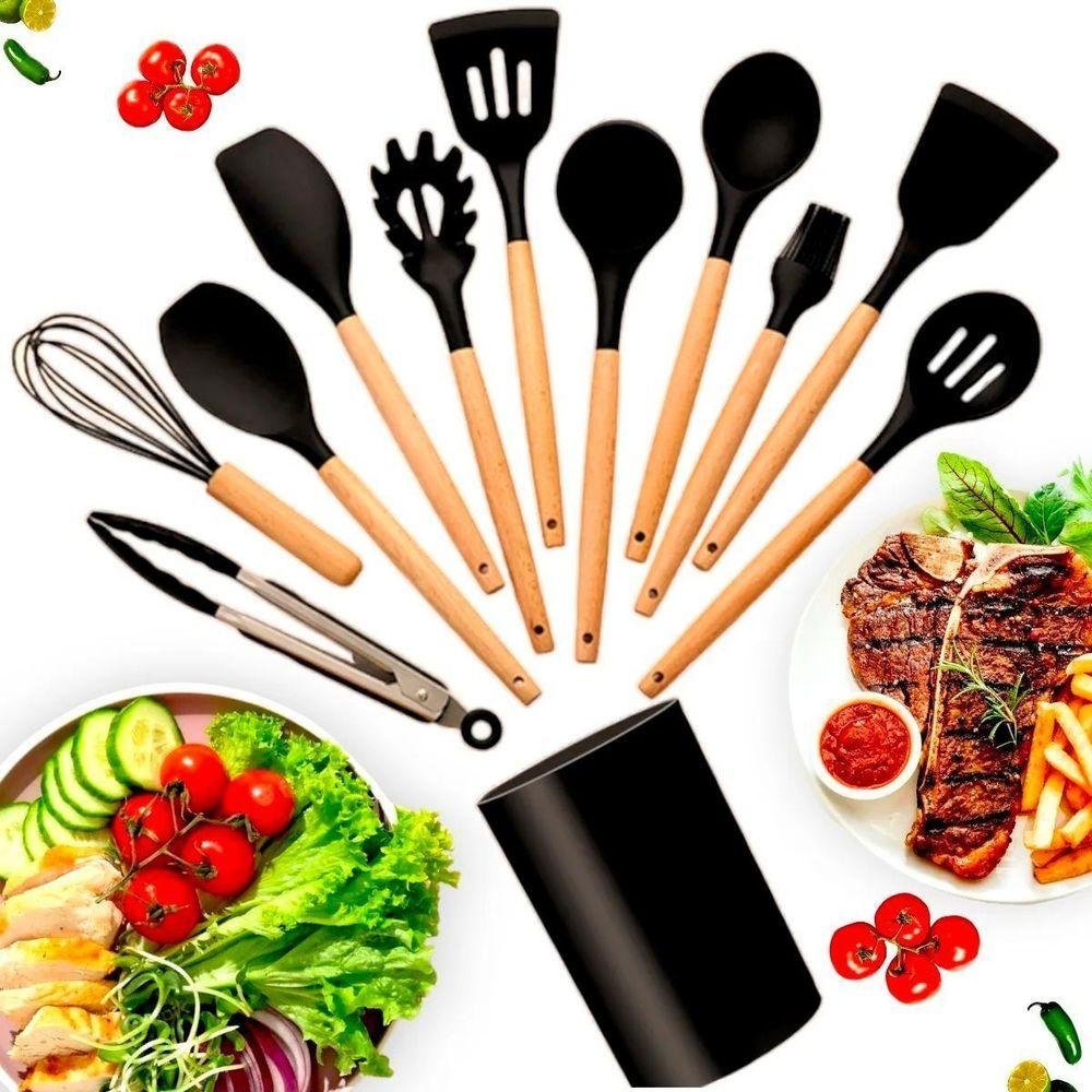 Kit 12 Utensílios para Cozinha Colheres Silicone-madeira - 1
