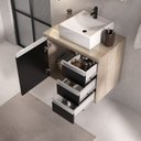 Ver imagem 3 de Conjunto Gabinete Banheiro Completo Prisma 60cm - Madeirado / Preto com Tampo Vidro