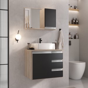 Conjunto Gabinete Banheiro Completo Prisma 60cm - Madeirado / Preto com Tampo Vidro