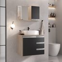 Ver imagem 1 de Conjunto Gabinete Banheiro Completo Prisma 60cm - Madeirado / Preto com Tampo Vidro