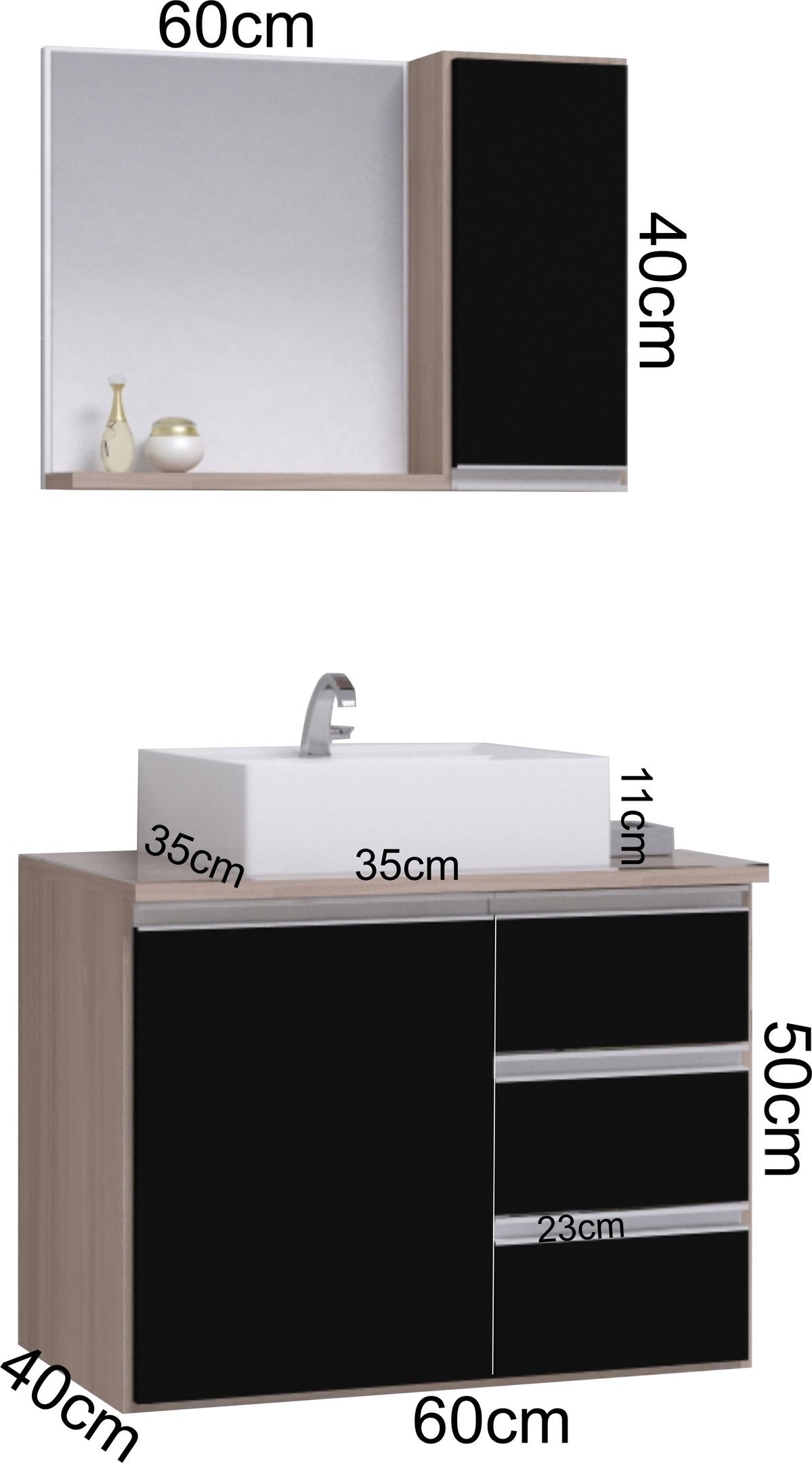 Conjunto Gabinete Banheiro Completo Prisma 60cm - Madeirado / Preto COM TAMPO VIDRO - 3