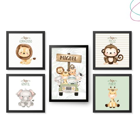 Kit 5 Quadros Decorativos Safari Baby Aquarela Bege:preta