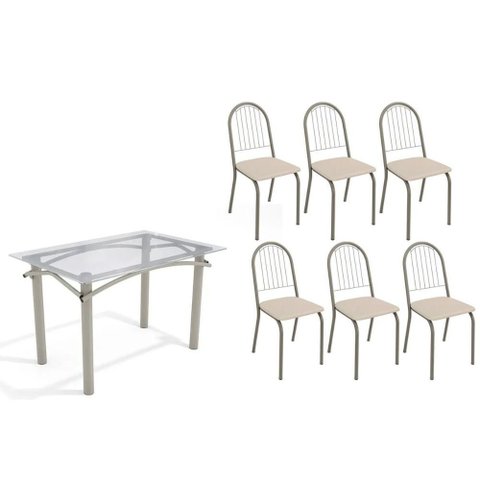 Conjunto: Mesa de Cozinha Elba C/ Tampo de Vidro 120cm e 6 Cadeiras Noruega Niquel - Courano Bege -