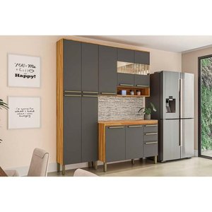 Kit Cozinha Modulada 3 Peças Nápoli Prime 1 Aéreo + Balcão + 1 Paneleiro C3p02 Amendoa Grafite