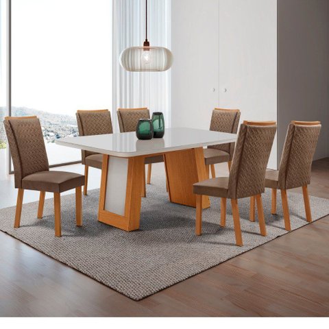 Mesa de Jantar Carolina 180cm Tampo MDF Vidro Canto Copo com 6 Cadeiras Lisa